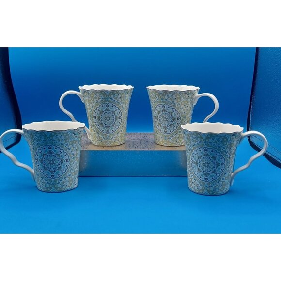 222 Fifth Lyria Teal Paisley Medallion Coffee Mugs Set Of 4 Porcelain Scalloped - Picture 7 of 14